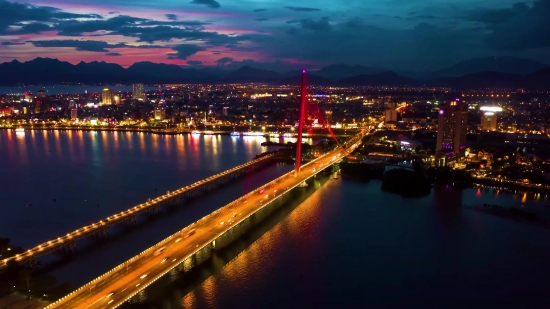 Night, Bridge, City, Waterfront, Pier, River