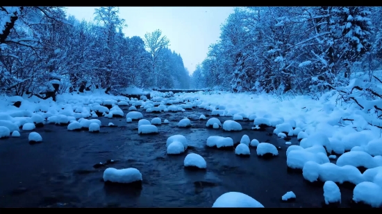 Snow, Landscape, Water, River, Tree, Sky