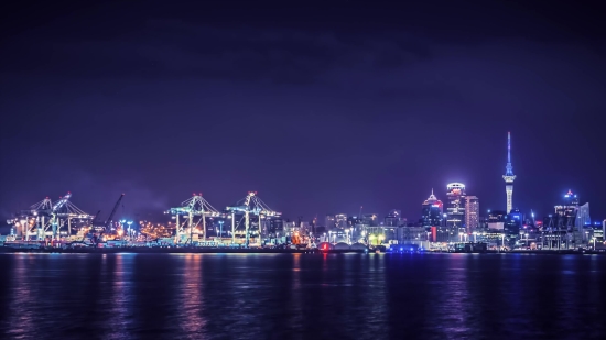 Waterfront, Night, City, Cityscape, Skyline, Urban